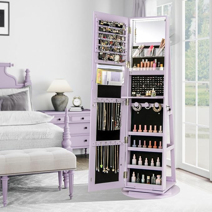 CHARMAID 360° Swivel Jewelry Armoire with Full Length Mirror, Rear Storage Shelves, Lockable Standing Jewelry Cabinet Organizer with Interior Vanity Mirror and 3-Color Lights (Lavender)