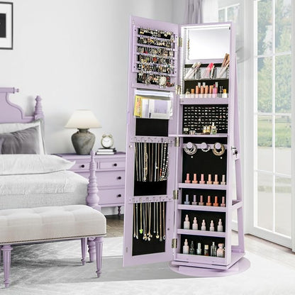 CHARMAID 360° Swivel Jewelry Armoire with Full Length Mirror, Rear Storage Shelves, Lockable Standing Jewelry Cabinet Organizer with Interior Vanity Mirror and 3-Color Lights (Lavender)