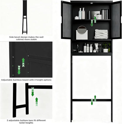 BAMBANG Over The Toilet Storage Cabinet, Bamboo Bathroom Over Toilet Storage Organizer with Adjustable Shelves and Double Doors, Above Toilet Storage Cabinet, Black