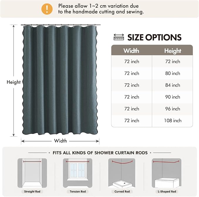 ANRODUO Dusty Blue Scalloped Linen Textured Shower Curtain, W72 x L108 | Boho Farmhouse Shower Curtain with 12 Metal Hooks, Machine Washable Waterproof Heavy Duty Fabric for Bathroom Bathtub