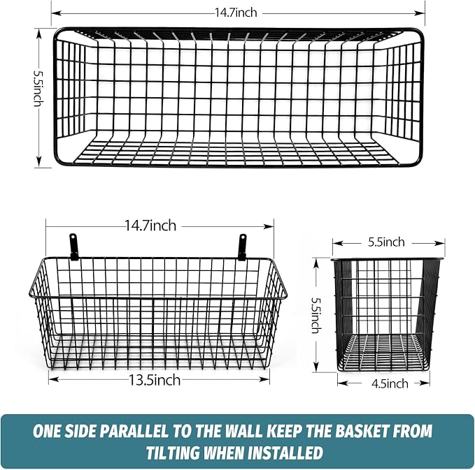 4 Set [EXTRA LARGE] Hanging Wall Mount Storage Baskets with Adhesive Hooks & Steel Hooks, Multiuse Sturdy Wire Metal Organizing Baskets for Home Kitchen Bathroom Pantry Utility Organizer, Black