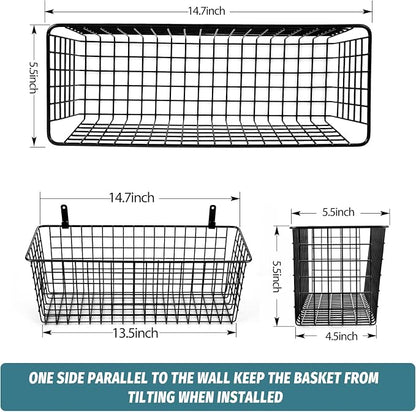 4 Set [EXTRA LARGE] Hanging Wall Mount Storage Baskets with Adhesive Hooks & Steel Hooks, Multiuse Sturdy Wire Metal Organizing Baskets for Home Kitchen Bathroom Pantry Utility Organizer, Black