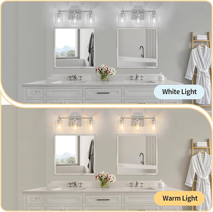 3-Light Modern Bathroom Vanity Light,Brushed Nickel Light Fixtures for Bathroom,Modern Wall Light Over Mirror with Glass E26 Socket (Bulbs Not Included)