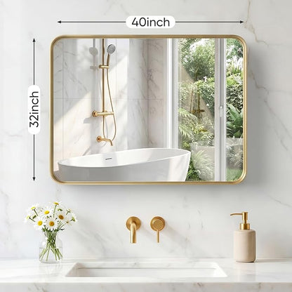 Sweetcrispy Bathroom Mirror 40x32 Inch, Vanity Mirror for Wall | Metal Framed Rounded Rectangle, Over Sink, Farmhouse Restroom, Anti-Rust, Horizontal or Vertical Hanging, Gold
