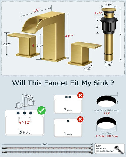 FORIOUS Waterfall Bathroom Faucet 3 Hole Vanity Sink 2 Pack Brushed Gold | 8 Inch Widespread Bathroom Sink Faucet with Pop-up Drain, Lead-Free, Two Handles, for RV Vanity Lavatory Farmhouse Basin