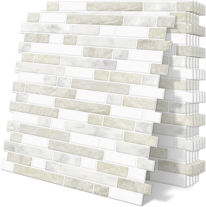 Peel and Stick Backsplash 3D Self Adhesive Wall Tile Beige 10 Sheet | Thick,Sticky,Vinyl,12"x12",Marble,for Kitchen,Bathroom