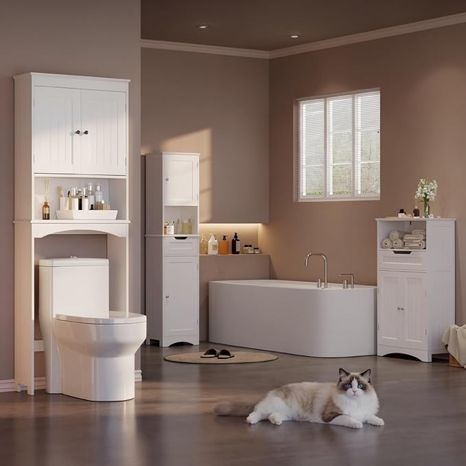 Gizoon Over the Toilet Storage Cabinet with Adjustable Shelf, White | Bathroom Space Saver Organizer Above Toilet with Open Shelf and Double Doors, Taller Wooden Free Standing Toilet Rack