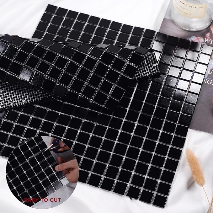 11.5 sq.ft Black Glass Mosaic Tile for Bathroom, Swimming Pool, Backsplash | Waterproof Wall & Floor Tile. Heat & frost resistant outdoors. Mesh-mounted easy install. Use any grout. Easy clean. 10pcs.