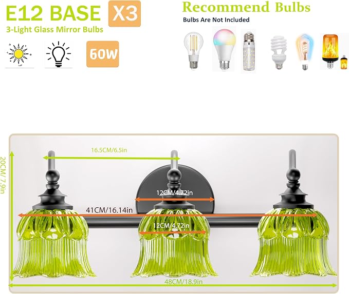 3-Light Vanity Light Over Mirror with Green Crystal Glass Shade | Valley-Lily Shaped Bathroom Light Fixture Black Antique Finish Wall Sconces Mirror Front Lighting for Hallway Living Room