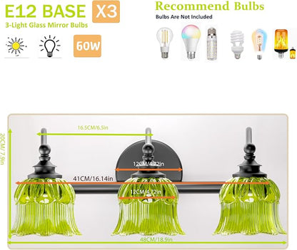 3-Light Vanity Light Over Mirror with Green Crystal Glass Shade | Valley-Lily Shaped Bathroom Light Fixture Black Antique Finish Wall Sconces Mirror Front Lighting for Hallway Living Room