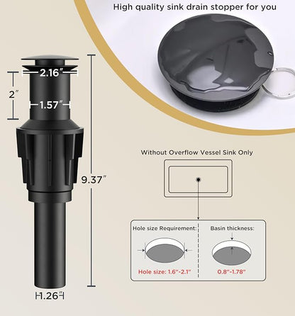 FORIOUS Vessel Sink Faucet Single Hole, Matte Black Tall Bathroom Faucets | For 1 or 3 Hole 4 Inch Centerset Sink, with Pop-up Drain, NSF61 Certificate, Single Handle Faucet for Sink Vanity RV Restroom