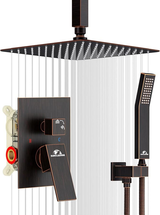 SunCleanse Rainfall Shower System with High Pressure in Oil Rubbed Bronze | Ceiling mounted shower combo set featuring a 10" square rain head, handheld spray, and rough-in mixer valve with trim.
