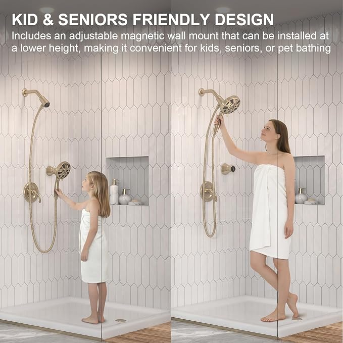 Handheld Shower Head with Magnetic Docking System | 9-Function High Pressure Detachable Shower Head with Remote Dock, 5-inch Champagne Gold Showerhead, 72 Inch Hose, SH180-CB-D