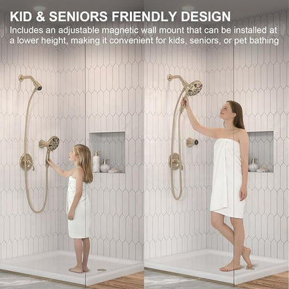 Handheld Shower Head with Magnetic Docking System | 9-Function High Pressure Detachable Shower Head with Remote Dock, 5-inch Champagne Gold Showerhead, 72 Inch Hose, SH180-CB-D