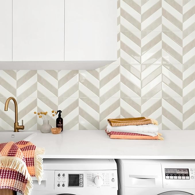 STICKGOO Herringbone Peel and Stick Backsplash, White & Beige, 10 Sheets | 12.6 x 9.7 in, Thicker Rectangular Vinyl Stick-On Wall Tiles, Easy Alignment, Waterproof, Easy to Clean, Kitchen/Bathroom