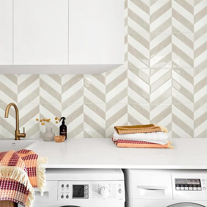 STICKGOO Herringbone Peel and Stick Backsplash, White & Beige, 10 Sheets | 12.6 x 9.7 in, Thicker Rectangular Vinyl Stick-On Wall Tiles, Easy Alignment, Waterproof, Easy to Clean, Kitchen/Bathroom