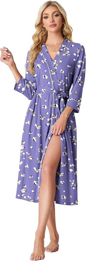 PrinStory Robes for Women 3/4 Sleeve Long Bath Robe XS-4XL | V-Neck Knit Bathrobe with Pockets, Lightweight, Soft, Breathable Robes for Shower, Spa, Travel, Home, Party, Nursing