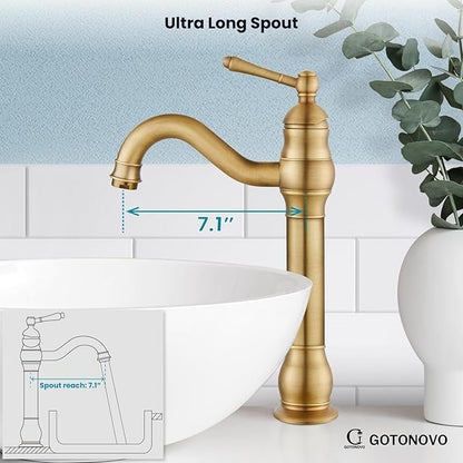 gotonovo Vessel Sink Faucet 360° Swivel Spout Single Handle Tall Bathroom Faucet 1 Hole Farmhouse Lavatory Washbasin Mixer Tap Matching Supply Hoses, with Pop Up Drain, Antique Brass
