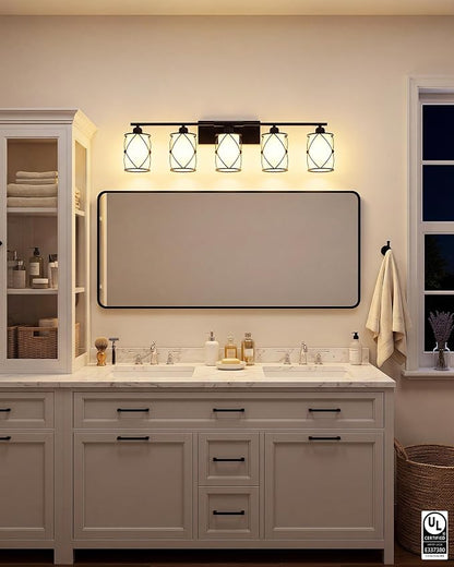 5-Light Matte Black Bathroom Light Fixtures Over Mirror, 38" UL-Listed Modern Farmhouse Wall Sconce Lights with Milk White Frosted Glass and Metal Cage for Bath, E26, CH9176BKW-5W