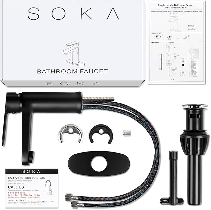 Brass Bathroom Faucet Matte Black with Pop-up Sink Drain Stopper & Deck Plate - 1 or 3 Hole Single Handle RV Faucet