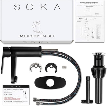 Brass Bathroom Faucet Matte Black with Pop-up Sink Drain Stopper & Deck Plate - 1 or 3 Hole Single Handle RV Faucet