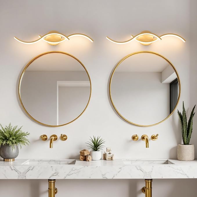 Gold Curved 5CCT Bathroom Vanity Light Fixture Over Mirror, 23.62 inch Modern LED Wall Lamp Dimmable Bathroom Light Fixture Modern Wall Sconces