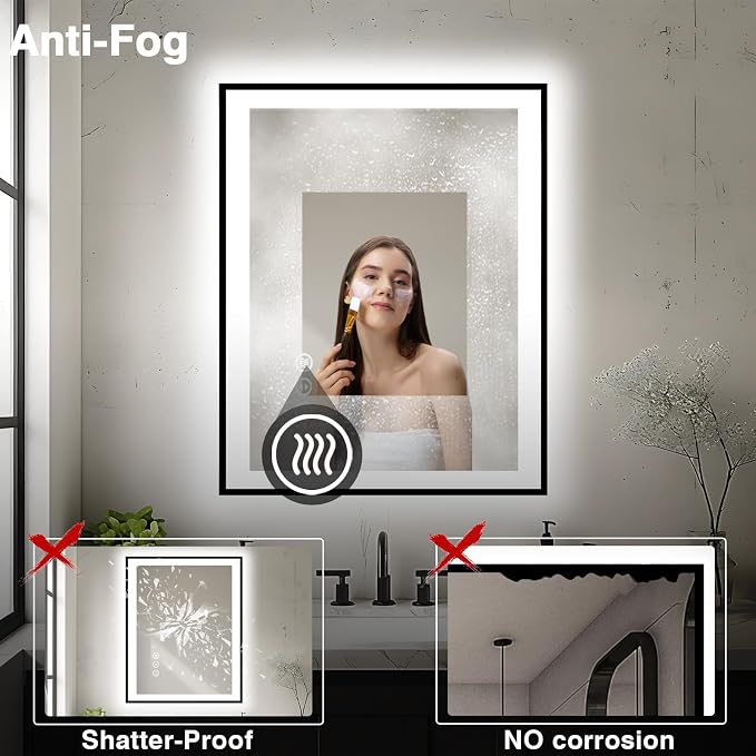 EchosLife 28x32 LED Bathroom Mirror - Black Aluminum Framed | Black Frame, Front and Backlit, Anti-Fog, Stepless Dimmable, 3 Colors, Memory, Tempered Glass, UL Listed, Horizontal/Vertical