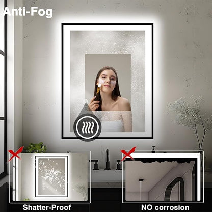 EchosLife 28x32 LED Bathroom Mirror - Black Aluminum Framed | Black Frame, Front and Backlit, Anti-Fog, Stepless Dimmable, 3 Colors, Memory, Tempered Glass, UL Listed, Horizontal/Vertical