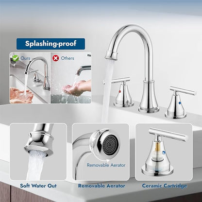 Widespread Bathroom Faucet 3 Hole, 8 inch Bathroom Sink Faucet with Pop-up Drain and Supply Lines, Two Handles, Stainless Steel, Polish Chrome