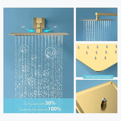 Shower System Brushed Gold Shower Faucets Sets, Bostingner 10" Rain Shower Head with 2 In 1 Handheld Spray and 4 Body Jets, Wall Mounted All Metal 3 Way Shower Set with Rough-in Valve and Trim Kit