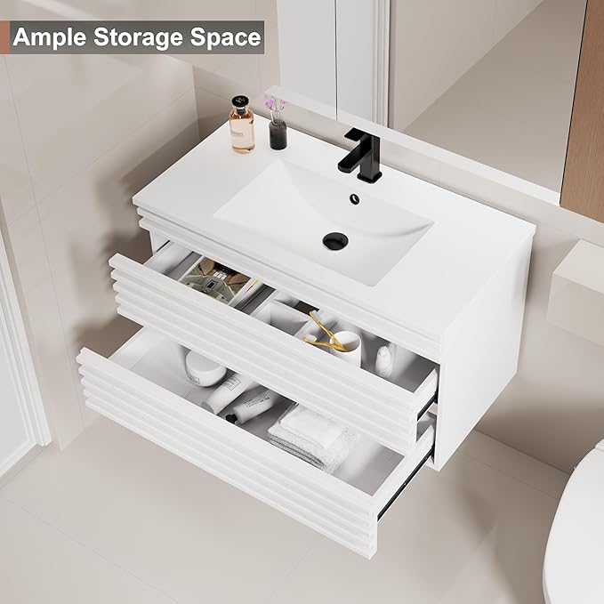 LUCKWIND 36" Floating Bathroom Vanity with Sink, Mid-Century Wall Mounted Big Drawer Cabinet with Large Sink, Water Saving Faucet and Wood Stripes Style, White