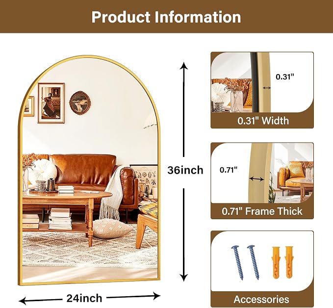 XRAMFY 24"x36" Gold Arched Bathroom Mirror - Wall Mirror for Bathroom, Metal Frame Vanity Mirror, Dresser Mirror, Arch Decorative Mirrors for Living Room, Bedroom, Entryway, Mantle