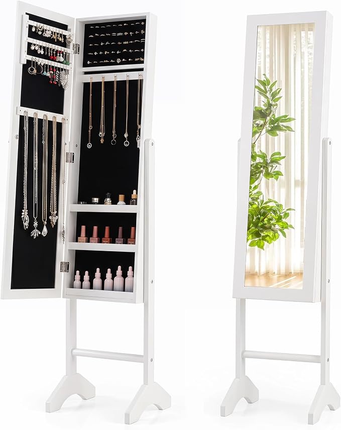 Giantex Jewelry Armoire with Full Length Mirror, Freestanding Jewelry Organizer Cabinet with Ring Slots, Earring Holders, Necklace Hooks & Storage Shelves for Bedroom (White)