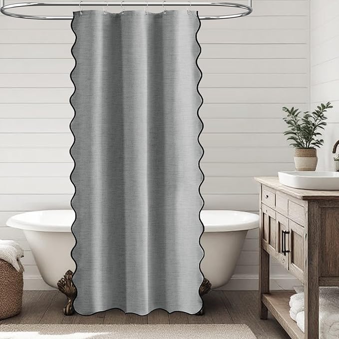BTTN Boho Stall Shower Curtain, Small Scalloped Linen Textured Heavy Duty Fabric Shower Curtain Set with 6 Hooks, Half Modern Neutral Waterproof Washable Shower Curtain for Bathroom, 36x72, Grey/Gray