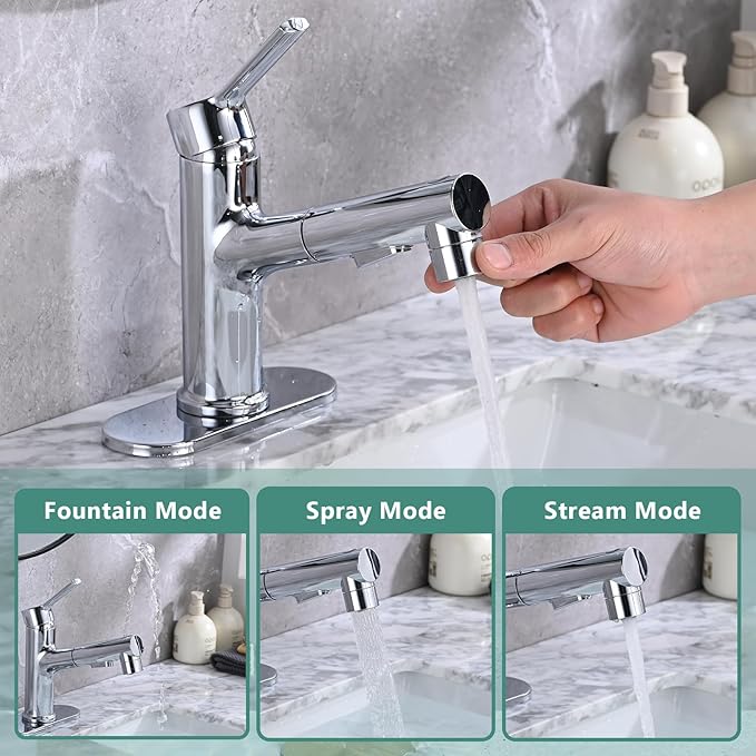 Bathroom Sink Faucet with Pull Out Sprayer, Single Handle Modern Bathroom Basin Faucet with Pop-up Sink Drain Stopper & Deck Plate 1 or 4-inch Centerset 3 Hole, Chrome