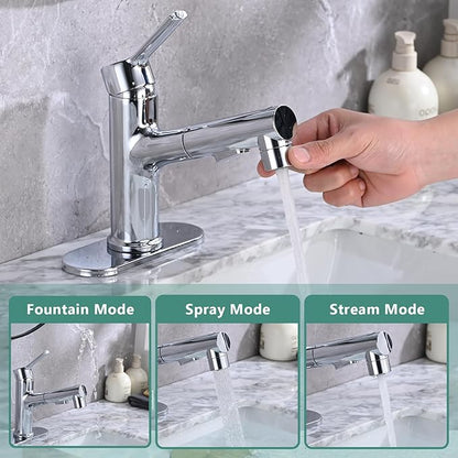 Bathroom Sink Faucet with Pull Out Sprayer, Single Handle Modern Bathroom Basin Faucet with Pop-up Sink Drain Stopper & Deck Plate 1 or 4-inch Centerset 3 Hole, Chrome