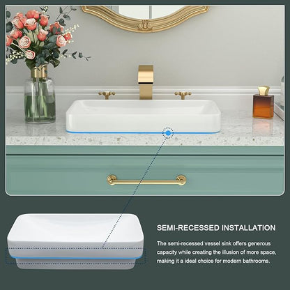 Vessel Sink-Beslend Bathroom Semi Recessed Sinks 19x12 Rectangular White Ceramic Modern Vessel Sinks Bath Wash Sink Bowl Vanity Sink Above Counter Basin