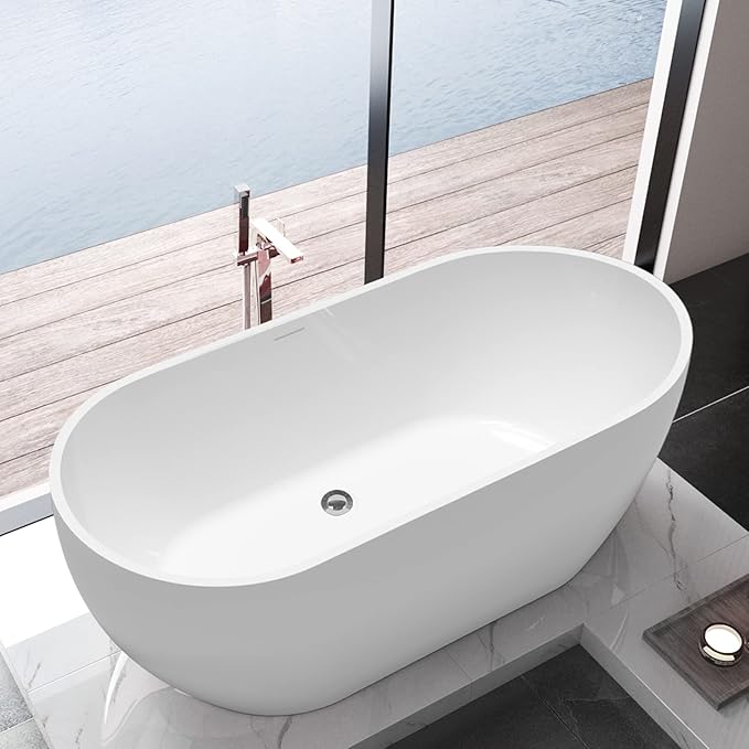 59" Acrylic Freestanding Bathtub, Double Ended Free Standing Tub, Soaking Tub with Integrated Slotted Overflow, Toe-Tap Chrome Drain, cUPC Certified, Glossy White