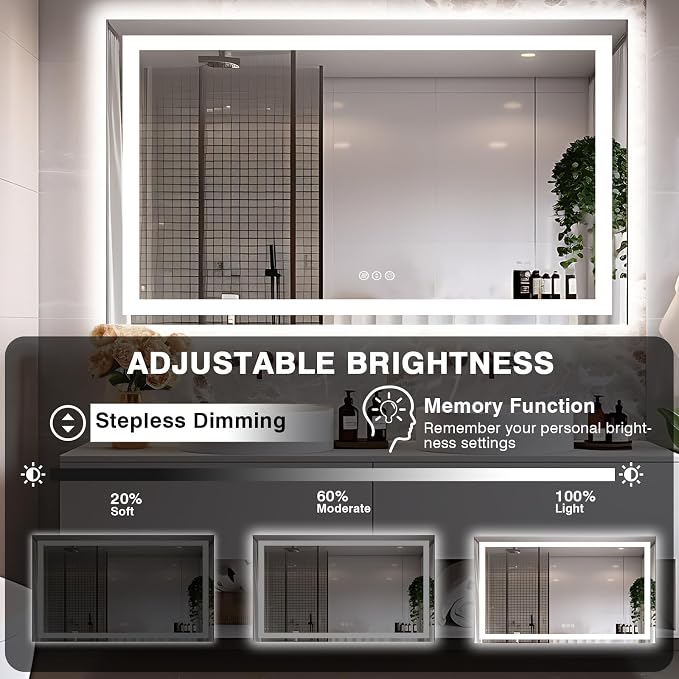 EchosLife 60"x40" LED Mirror for Bathroom | Backlit + Front Lit, Anti-Fog, Stepless Dimmable, 3 Colors, Memory, Tempered Glass, UL Listed, Horizontal/Vertical