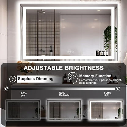 EchosLife 60"x40" LED Mirror for Bathroom | Backlit + Front Lit, Anti-Fog, Stepless Dimmable, 3 Colors, Memory, Tempered Glass, UL Listed, Horizontal/Vertical