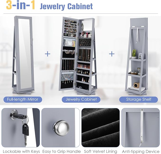 360° Rotating Jewelry Armoire, Freestanding Jewelry Cabinet with Inside Makeup Mirror, 2-in-1 Lockable Jewelry Organizer w/Full-Length Mirror for Women (Gray)