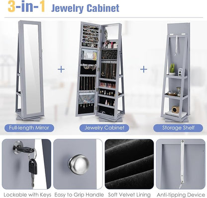 360° Rotating Jewelry Armoire, Freestanding Jewelry Cabinet with Inside Makeup Mirror, 2-in-1 Lockable Jewelry Organizer w/Full-Length Mirror for Women (Gray)