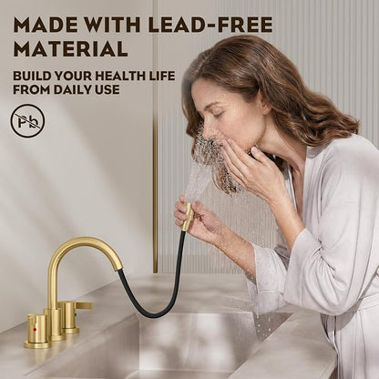 Pull Down Sprayer Brushed Gold 8 Inch Bathroom Sink Faucet, 2 Handles 3 Hole Widespread Pull Out Bathroom Faucet，with Pop Up Drain and Water Supply Line,BF04022-K01-BG