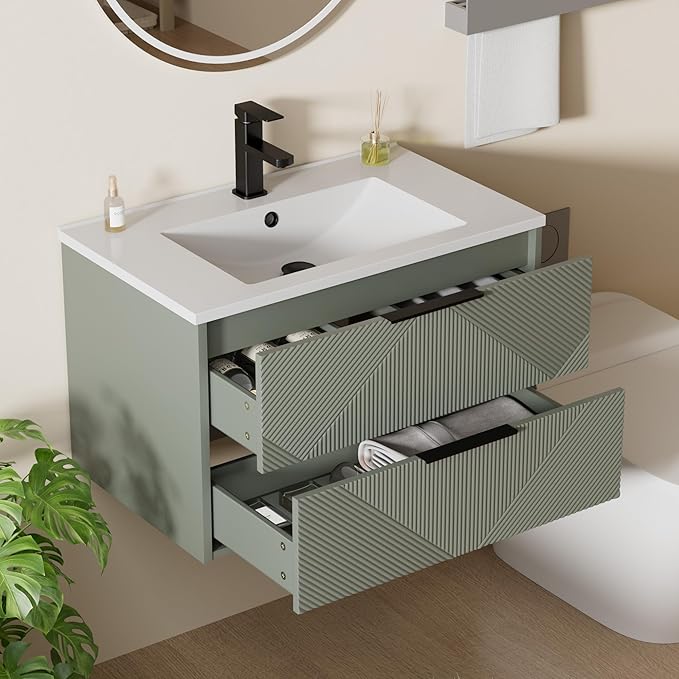 LUCKWIND 30" Floating Bathroom Vanity with Sink Combo, Wall Mounted Floating Cabinet with 2 Large Soft-Close Drawers & Water Saving Faucet, Geometric Textured Design in Green