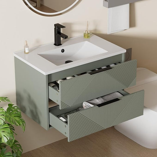 LUCKWIND 30" Floating Bathroom Vanity with Sink Combo, Wall Mounted Floating Cabinet with 2 Large Soft-Close Drawers & Water Saving Faucet, Geometric Textured Design in Green