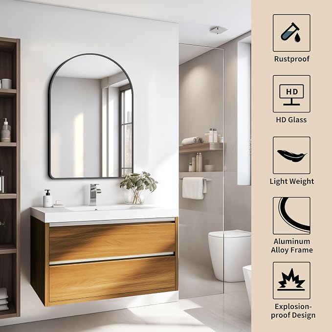 FORBATH Arched Bathroom Mirror 20x28 Inch, Bathroom Mirror Wall Mounted Modern Black Aluminum Alloy Frame Decor Dresser Mirror for Bedroom Living Room Entryway, Hanging or Leaning Against Wall