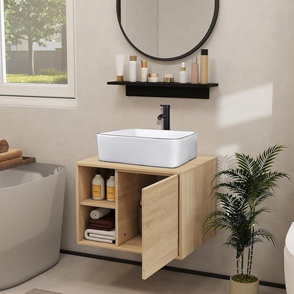 YOURLITE Cabinet Vanity, 24' White Ceramic Sink, Wall-Mounted, Floating Bathroom Cabinet with Mirror, Shelves & Faucet, 23.6x18.9x17(LxWxH)in