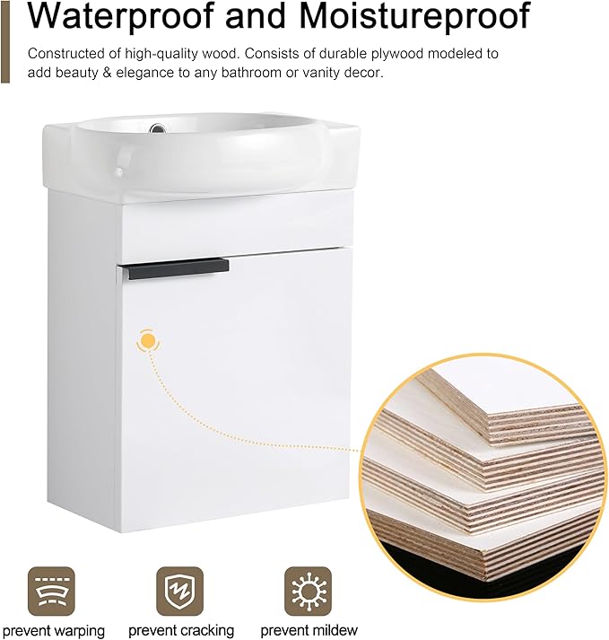 Malwee 16" Floating Bathroom Vanity, 16 Inch Single Sink Wall Mounted Bathroom Vanity, with 1 Door and White Ceramic Sink Top for Small Space, Modern Wall Hung Cabinet Storage (029-16GWH)