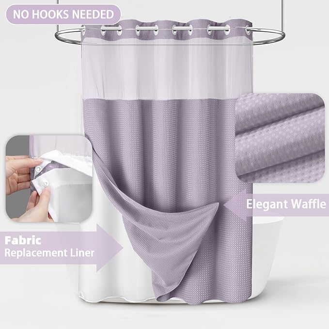 No Hook Shower Curtain and Liner Set,Lavender Hotel Waffle Shower Curtain with Liner 75" L x 72" W