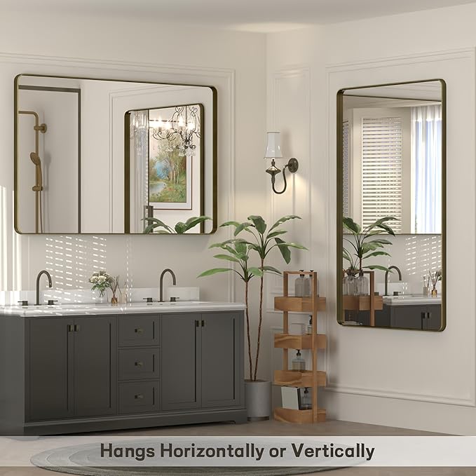 48x30 Bronze Framed Bathroom Mirror, Rectangle Brushed Bronze Metal Vanity Mirror, Bronze Modern Mirror for Wall, Tempered Glass, Anti-Rust, Shatterproof (Horizontal/Vertical)